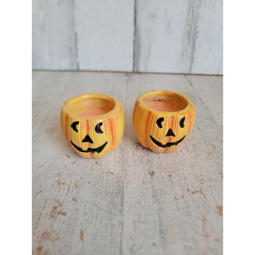 Vintage ceramic Jack O'Lantern pumpkin mini candle unique set home